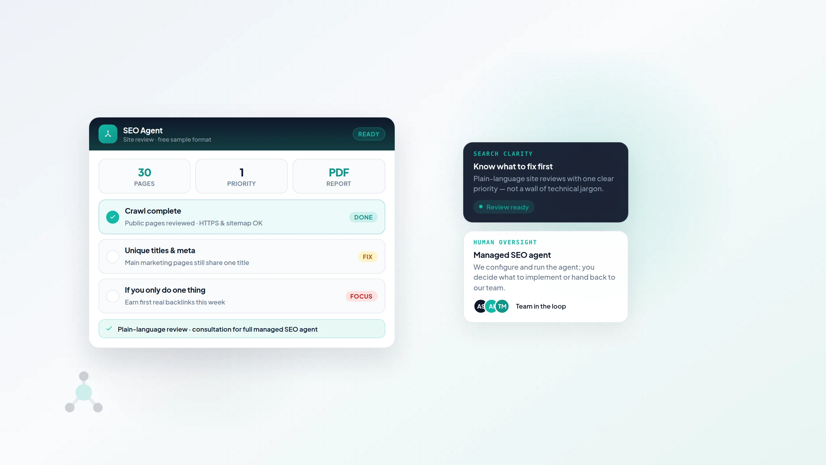 Illustration of an AI SEO agent review panel showing crawl status, priority fixes, and a plain-language do-this-week action with AgentSimpli oversight cards.